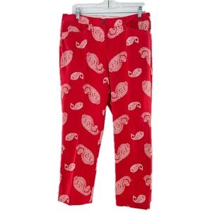 Lands' End Mid Rise Straight Leg Crop Ankle Chino Pants Red Paisley Print Size 8